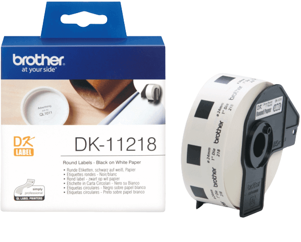 Brother DK11218 Ø24 mm, 1.000 st Svart text / Vit tejp original (DK-11218)