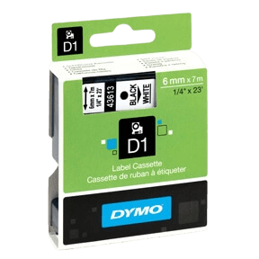 Dymo D1 43613 6 mm x 7 m Svart text / Vit tejp original (S0720780)