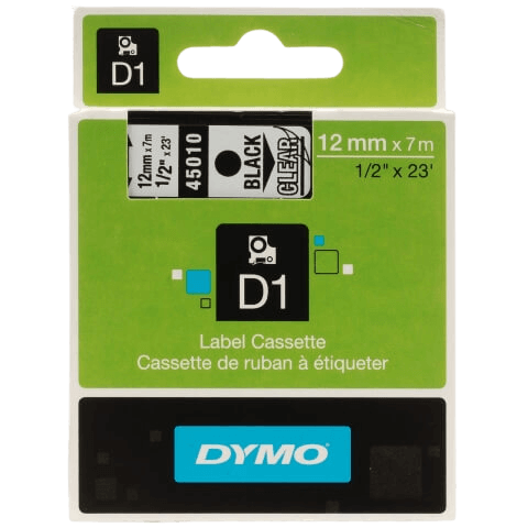 Dymo D1 45010 12 mm x 7 m Svart text / Genomskinlig tejp original (S0720500)