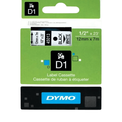 Dymo D1 45013 12 mm x 7 m Svart text / Vit tejp original (S0720530)