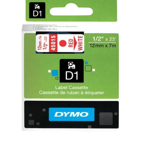 Dymo D1 45015 12 mm x 7 m Röd text / Vit tejp original (S0720550)