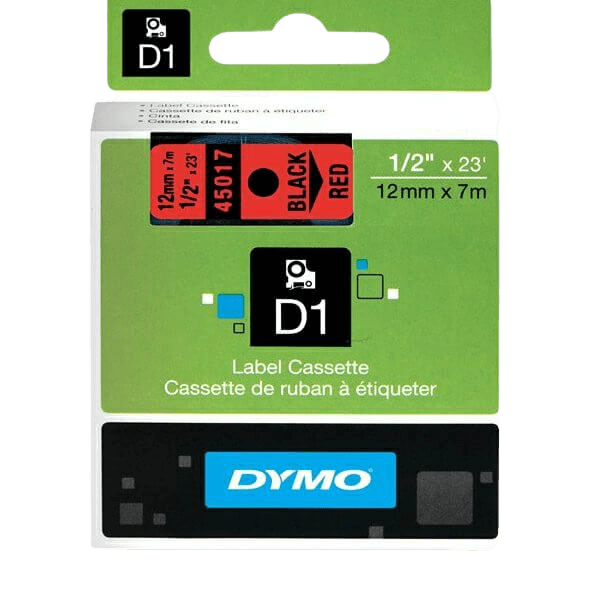 Dymo D1 45017 12 mm x 7 m Svart text / Röd tejp original (S0720570)