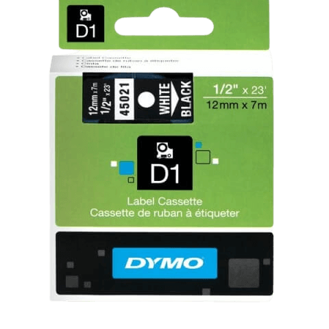 Dymo D1 45021 12 mm x 7 m Vit text / Svart tejp original (S0720610)